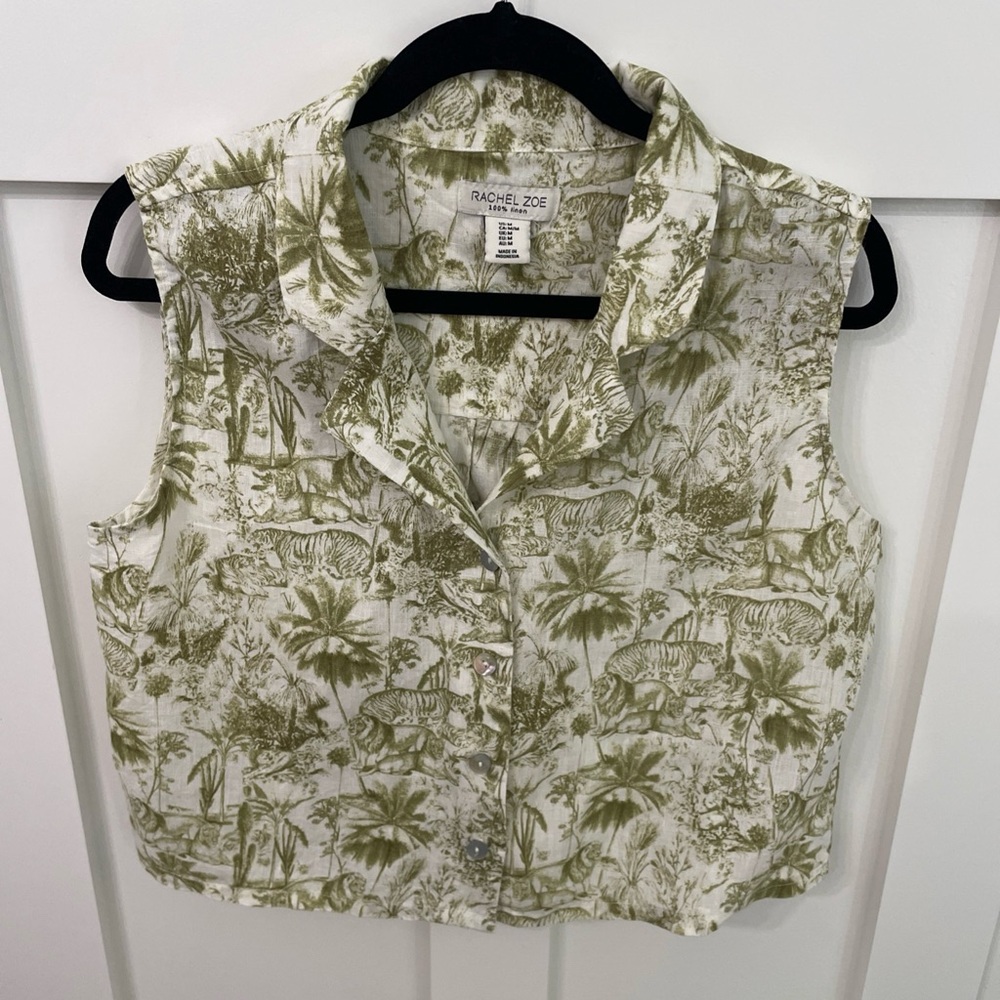 Women’s Cropped Rachel Zoe button front blouse-100% linen-Medium-Safari print